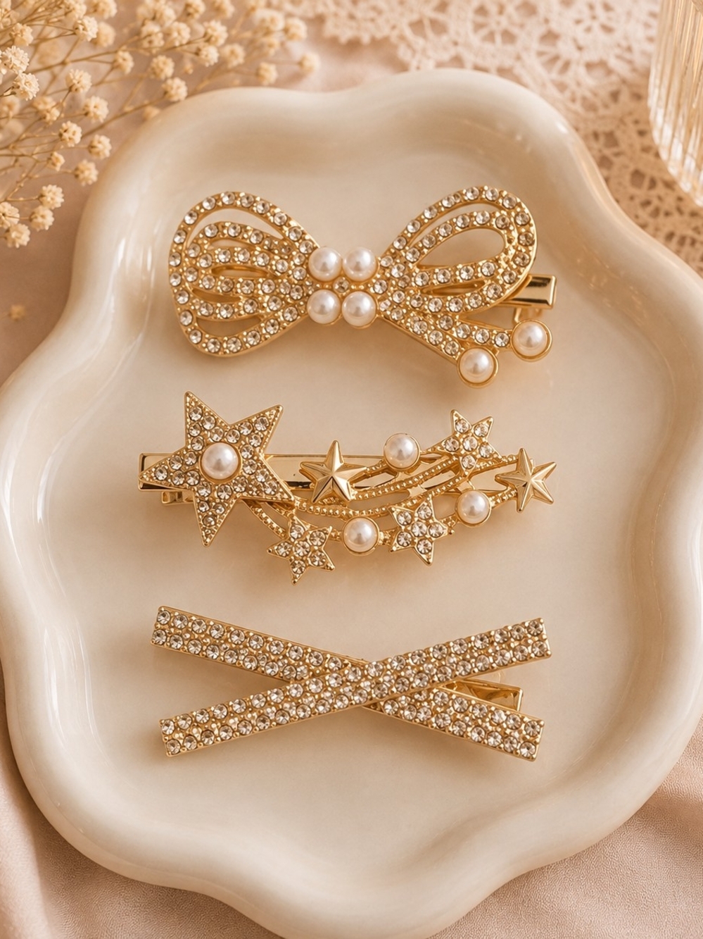 Set of 3 Gold Tone Rhinestone & Pearl Duckbill Hair Clips New